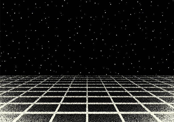 Retro dotwork landscape with 80s styled laser grid and stars background from old sci-fi book or poster Retro dotwork landscape with 80s styled laser grid and stars on the background from old sci-fi book or poster space invaders game stock illustrations