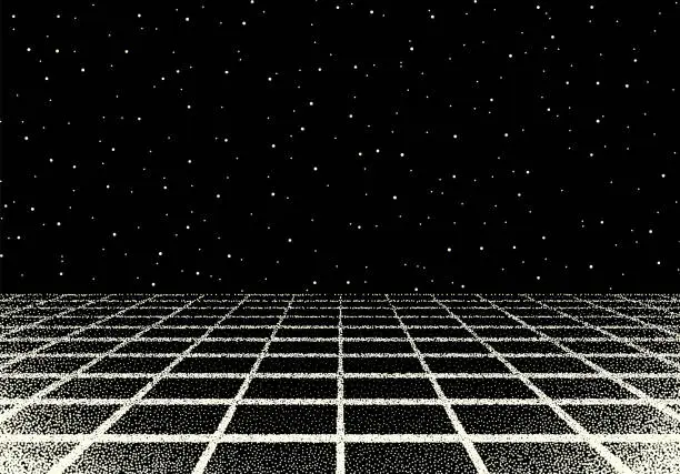 Vector illustration of Retro dotwork landscape with 80s styled laser grid and stars background from old sci-fi book or poster