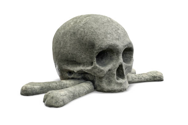 3D render of stone skull and crossbones isolated on white background