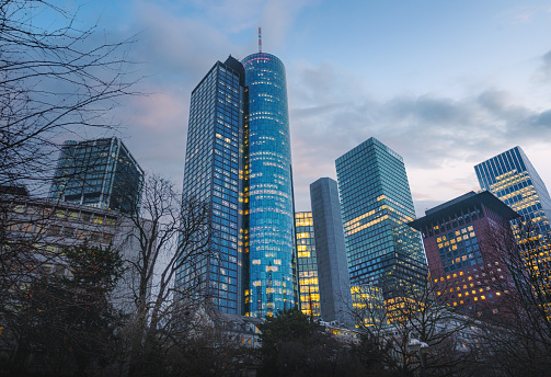 Frankfurt, Germany - Jan 24, 2020: Modern buildings in Frankfurt financial district with Main Tower - Frankfurt, Germany