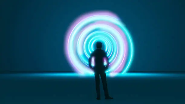 Colorful portal or vortex with a spiral pattern. Man stands in front of it undecided. Maybe it is a time machine.