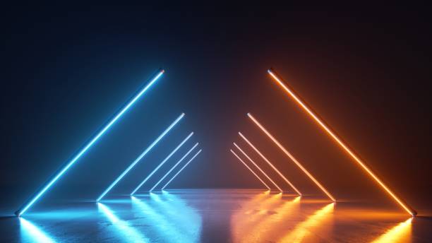 istock 3d render, abstract neon background with diagonal line lamps glowing with blue and yellow light. Empty studio with perspective view for performance show 1323359123