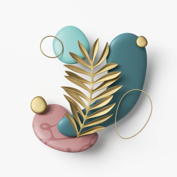 istock 3d render, abstract composition with golden palm leaf, gold wire line and colorful pebble isolated on white background 1323359211