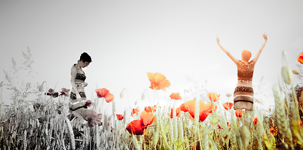 Silhouette of a woman in a poppy field with different emotions as a concept