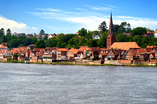 View over the river Elbe to the old town of Lauenburg in Germany