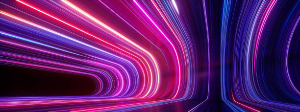 istock 3d render, abstract panoramic neon background. Bright purple violet pink lines glowing in ultraviolet light 1323363478