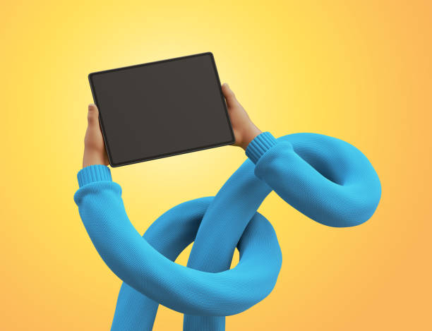 istock 3d render, funny cartoon flexible tangled hands wearing blue sweater, hold blank graphic pad with blank screen. Wireless gadget, electronic device. Clip art isolated on yellow background 1323364080