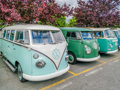 Almenno San Bartolomeo,Lombardy,Italy- 23 may 2021:Volkswagen antique minibuses show in a parking lot