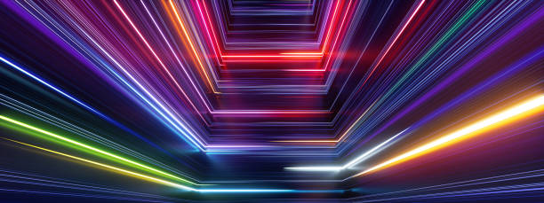 istock 3d render, abstract geometric background with bright neon rays and colorful lines, multicolor spectrum glowing in ultraviolet light 1323364267