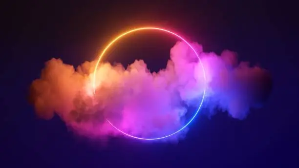 Photo of 3d render, abstract cloud illuminated with neon light ring on dark night sky. Glowing geometric shape, round frame