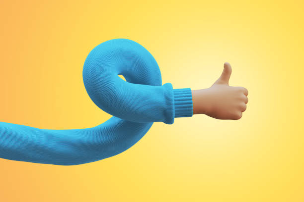 rendu 3d, flexible main de dessin animé torsadée porte un pull bleu, montre pouce levé, comme un geste. image clipart de geste social isolée sur fond jaune - expressive hands photos et images de collection