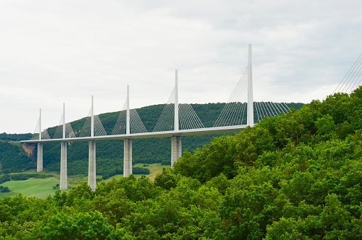 Large modern bridge over river in europe city with car traffic, aerial view. Redzinski bridge over Oder in Wroclaw, Poland