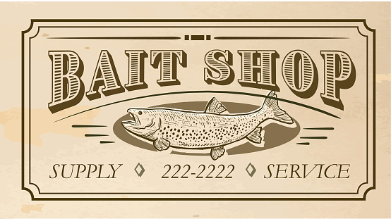 Vector illustration of a Vintage or old fashioned worn Newspaper advertisement featuring Bait Shop with fish. Very textured and rough background. Easy to edit.