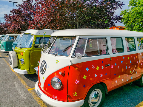Almenno San Bartolomeo,Lombardy,Italy- 23 may 2021:Volkswagen antique minibuses show in a parking lot