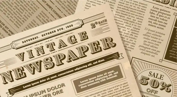 Vector illustration of Vintage or old fashioned worn Newspaper Collage includes front page and inside layout design template