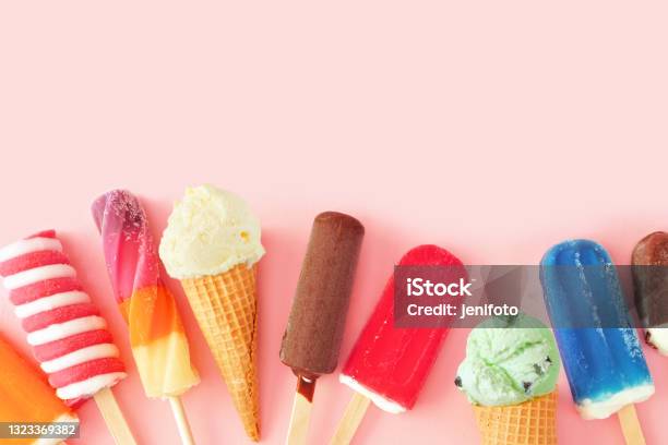 Collection Of Colorful Summer Frozen Desserts Bottom Border On A Pink Background Stock Photo - Download Image Now