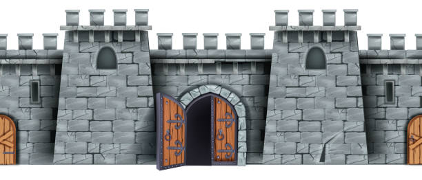 istock Castle stone wall, seamless medieval game background, opened wooden city gate, old door, loopholes. 1323373357