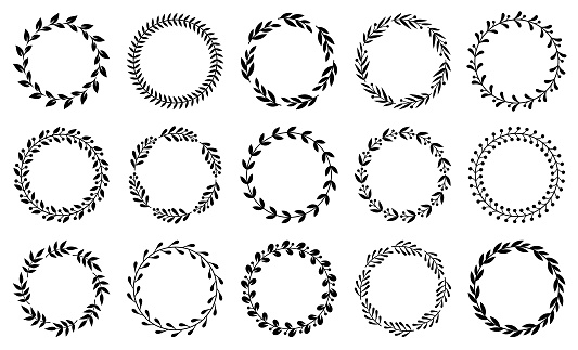 Set of circle frames with leaves. Vector floral wreaths.