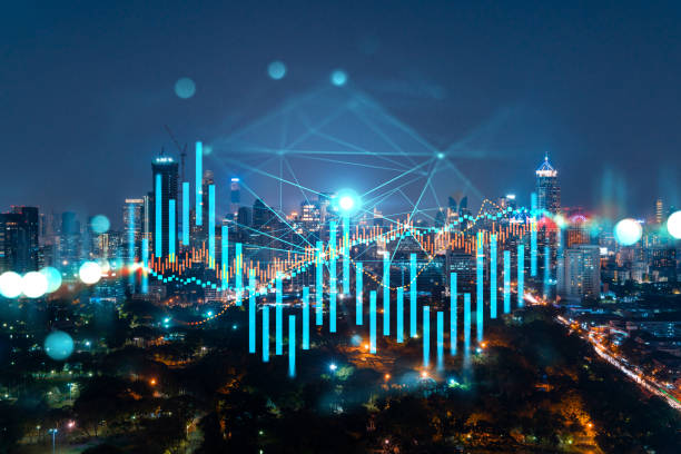 forexグラフホログラム、バンコクの空中夜パノラマの街並み、アジアの株式市場の研究者のための開発された場所。基礎分析の概念。二重露出。 - trade deficit ストックフォトと画像