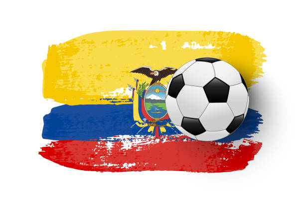 ilustraciones, imágenes clip art, dibujos animados e iconos de stock de pelota de fútbol realista en bandera de ecuador hecha de pinceladas. elemento de diseño de fútbol vectorial. - ecuador