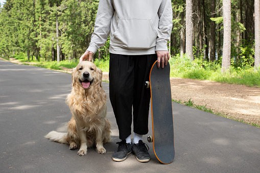 A young man and a dog on a skateboard ride in the park in the summer.