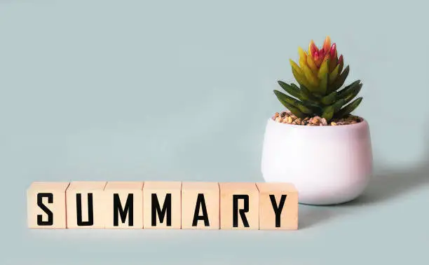 SUMMARY word from wooden blocks on a table, next to a cactus