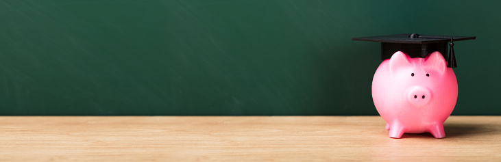 Close-up Of A Piggy Bank With Graduation Cap In Front Of Green Chalkboard