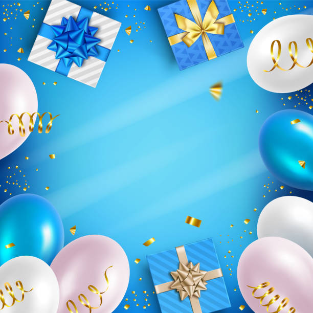 ilustrações de stock, clip art, desenhos animados e ícones de holiday balloons and gifts background - balloon blue bunch cheerful