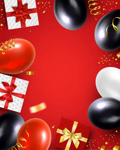 Vector illustration of Holiday Balloons and Gifts Red Background