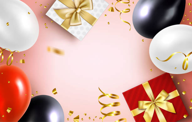 ilustraciones, imágenes clip art, dibujos animados e iconos de stock de fondo de globos navideños y regalos - balloon pink black anniversary