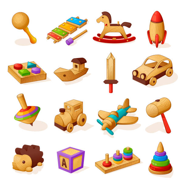Collection children wooden toy vector flat illustration playtoys for kid entertainment and education Collection of children wooden toy vector flat illustration. Set of different playtoys for kid entertainment and education isolated on white. Colorful vintage equipment and devices for baby playing colorful paper windmill toy stock illustrations