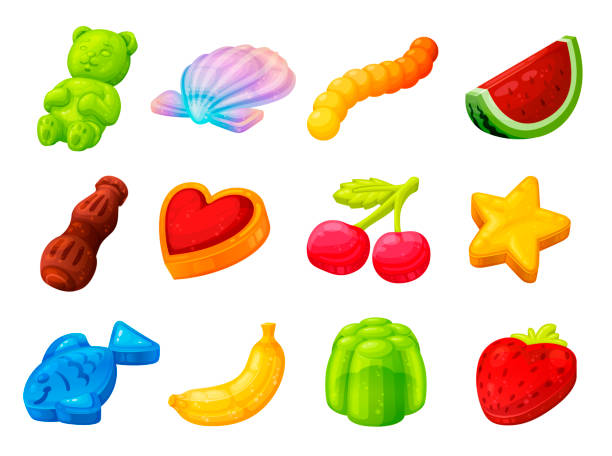 Collection gummy candy vector flat illustration vitamin dessert chewy gelatin snack for kids Collection gummy candy vector flat illustration in isometric style. Set cute sweet character, jelly bear, marmalade worm, sugar animal or fruit isolated. Vitamin dessert chewy gelatin snack for kids heart worm stock illustrations