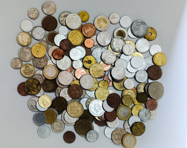 coins around the world - old airplane macro horizontal imagens e fotografias de stock