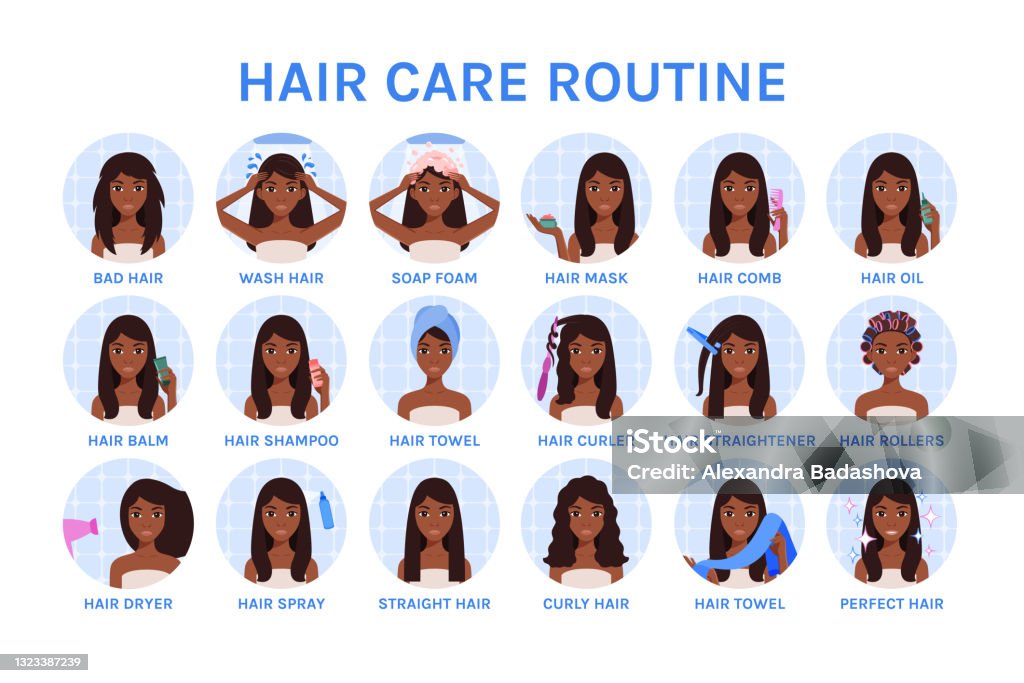 Beautiful African American Black Woman Washes Her Hair Pretty Girl Does Her  Hairstyletreatment Procedure And Hair Care Set Flat Cartoon Color Style  White Background Vector Stock Illustration Stock Illustration - Download  Image
