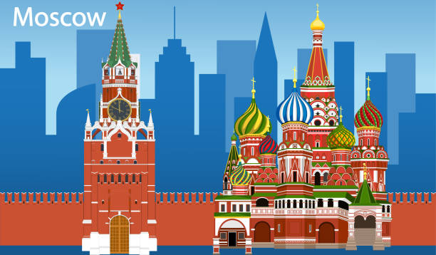 Symbols of Moscow Moscow Kremlin Tower and Cathedral of Vasily the Blessed in Moscow, Russia kremlin stock illustrations