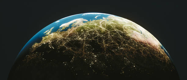 globalna technologia komunikacyjna połączona sieć wokół ziemi z kosmosu - computer network satellite view planet communication zdjęcia i obrazy z banku zdjęć