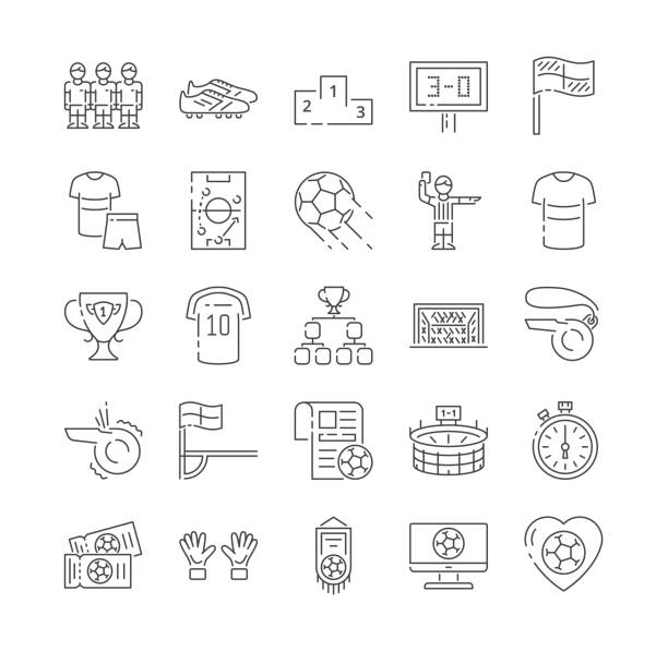 Collection of Soccer Related Line Icons Collection of Soccer Related Line Icons. Stadium, Soccer ball, Goalkeeper, Field, Referee, Championship Cup and others. Editable Stroke. Set of flat vector illustrations isolated on white background football boot stock illustrations