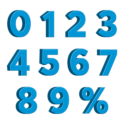 Blue 3D Numbers with Percent Sign Isolated on White Background. Vector Illustration