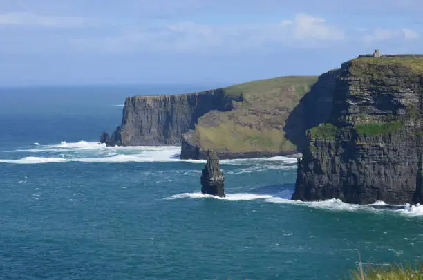 Stunning blue waters off the coast of the Cliffs of Moher