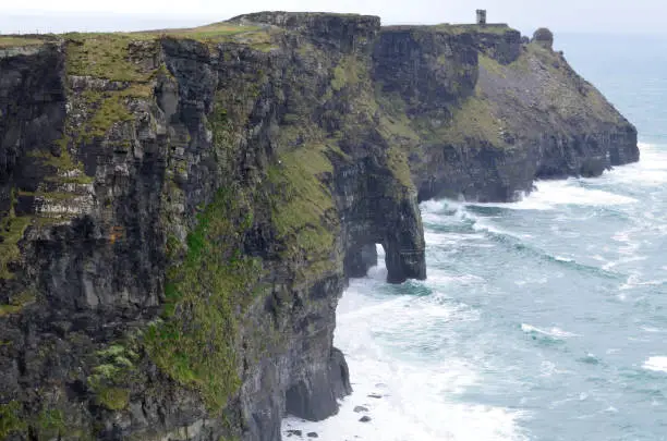 Stunning view of the cliffs of Moher in Ireland  with green moss growing on the sides