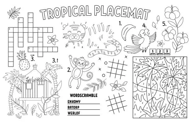 Vector illustration of Vector tropical placemat for kids. Exotic summer printable activity mat with crossword, dot-to-dot, maze, color by number. Black and white play mat or coloring page with cute jungle animals, birds.