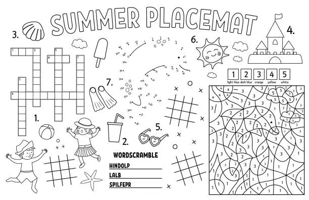 Vector illustration of Vector summer placemat for kids. Beach holidays printable activity mat with crossword, tic tac toe charts, color by number. Black and white play mat or coloring page with children, ice-cream