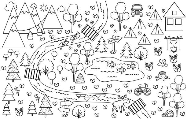 Black and white camping map. Summer camp background. Vector nature clip art, infographic outline elements or coloring page with mountains, forest, river, bike, cable car. Hiking or campfire plan. Black and white camping map. Summer camp background. Vector nature clip art, infographic outline elements or coloring page with mountains, forest, river, bike, cable car. Hiking or campfire plan. river clipart stock illustrations