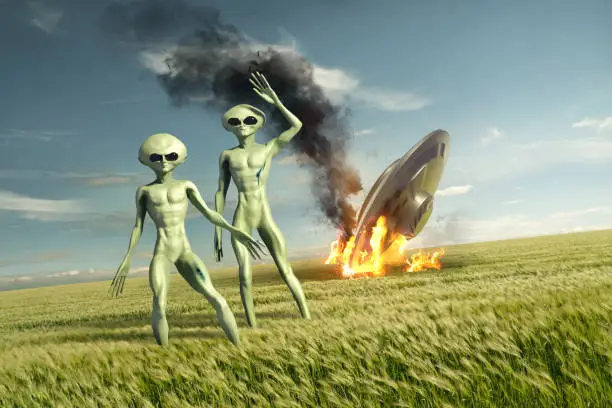 Vintage Flying saucer UFO crash site with green aliens. Classified extraterrestrial life on Earth. 3D illustration