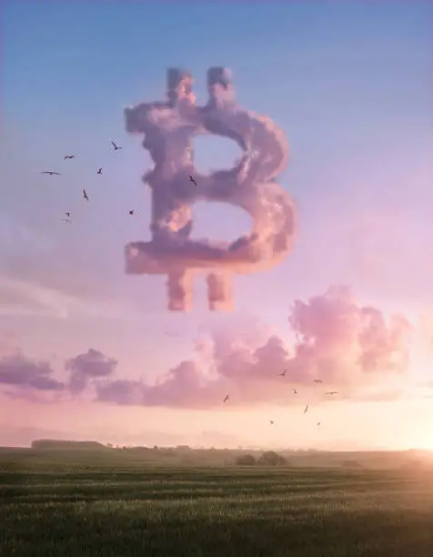 A landscape sunset with a pink fluffy bitcoin cloud shape. Cryptocurrency and investing concept illustration.