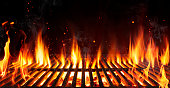 Barbecue Grill With Fire Flames - Empty Fire Grid On Black Background