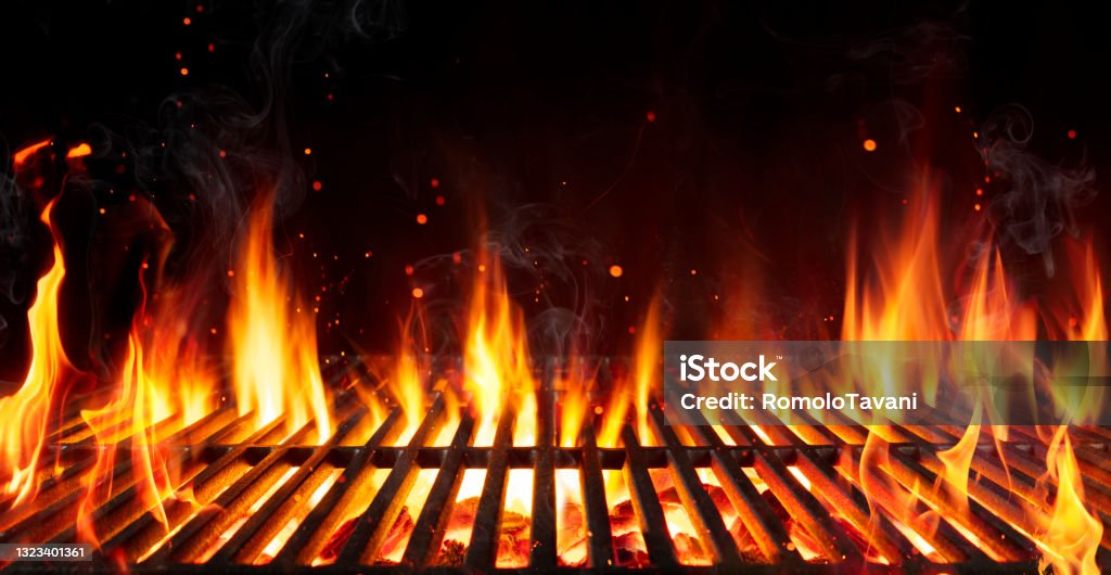 Barbecue Grill With Fire Flames - Empty Fire Grid On Black Background Bbq Grid With Charcoal - braai and broil Barbecue Grill Stock Photo