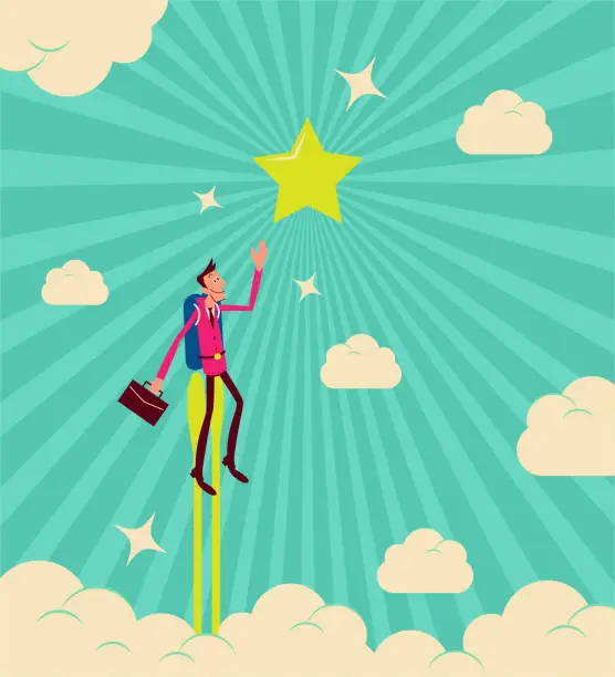 Vector illustration of Businessman flying with a Jet Pack (rocket pack) in the sky and reaching the star (to Achieve Success)