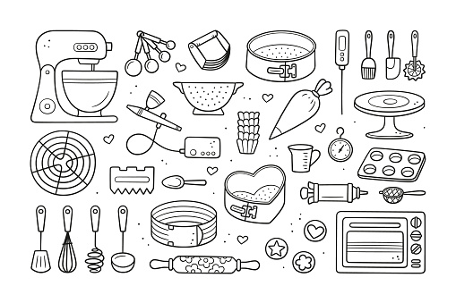 A set of tools for making cakes, cookies and pastries. Doodle confectionery tools - planetary stationary dough mixer, baking pans, measuring spoons. Hand drawn vector illustration on white background.