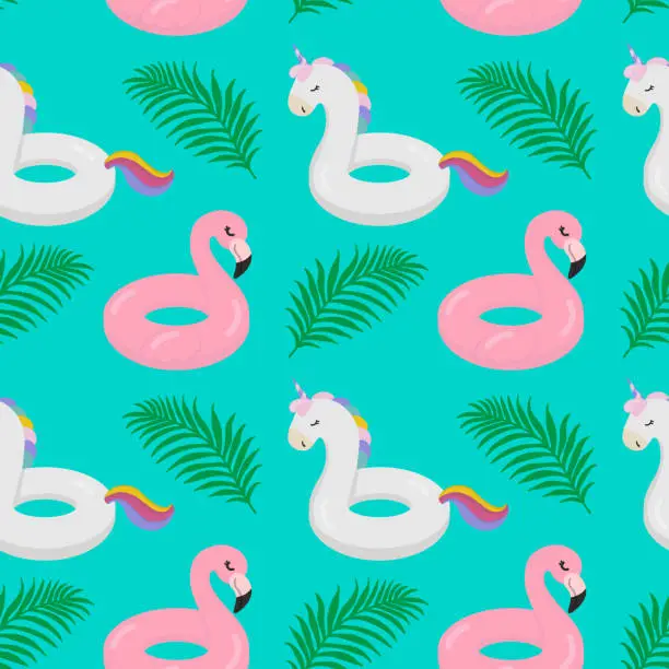 Vector illustration of Beautiful seamless tropical pattern with Inflatable ring object with cute flamingo and unicorn shaped on a white background. Abstract summer texture. Design for fabric, wallpaper, textile and decor.